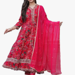 MANHAREE | Women's Rayon Anarkali Kurta with Pant & Dupatta Set,Rani